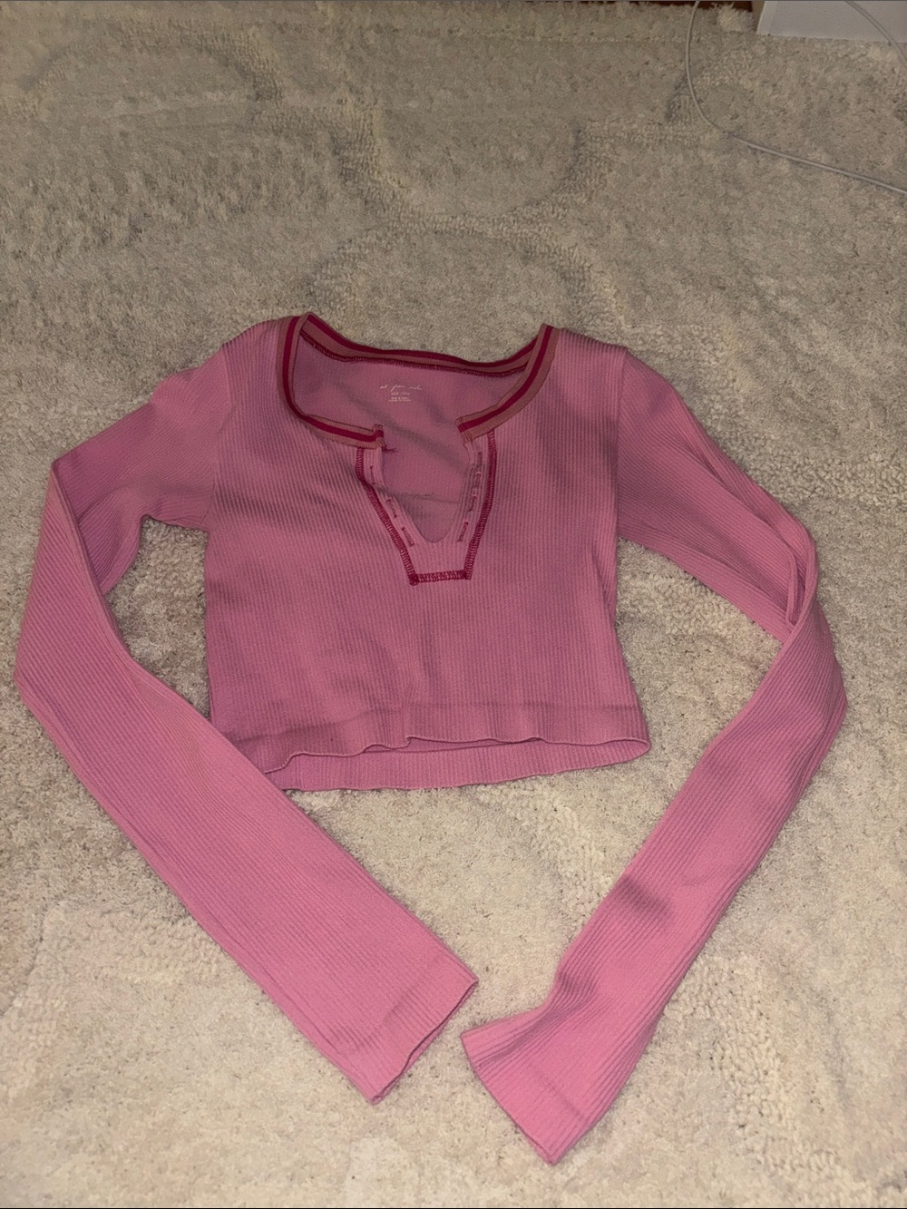 Urban Outfitters Pink Ribbed Long-Sleeve Notch-Neck Crop Top